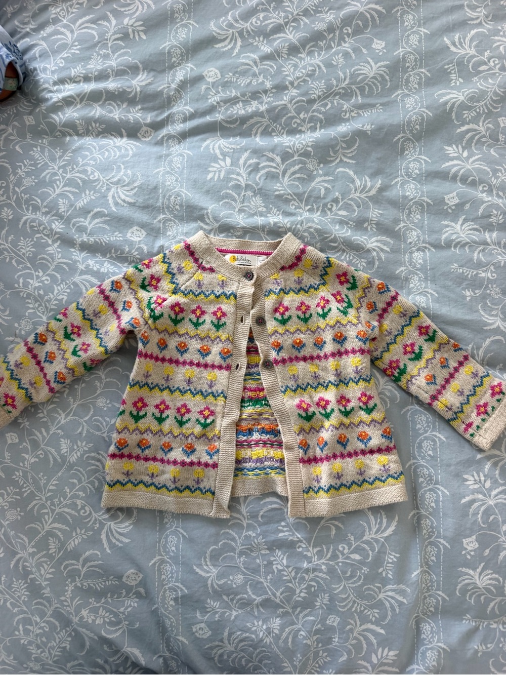 Baby Boden Cream Fair Isle Floral Cardigan with Multicolor Accents